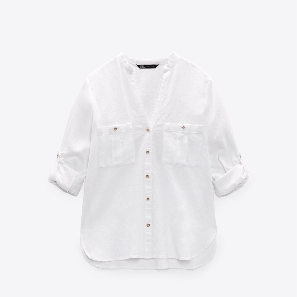 Zara White Linen blend Button Blouse Summer Resort Vacay Cover up coastal spring